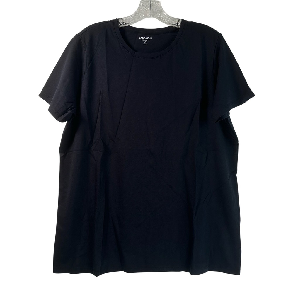 Lands' End Womens Black Relaxed Fit Supima Cotton Crew Neck T-Shirt L 14-16